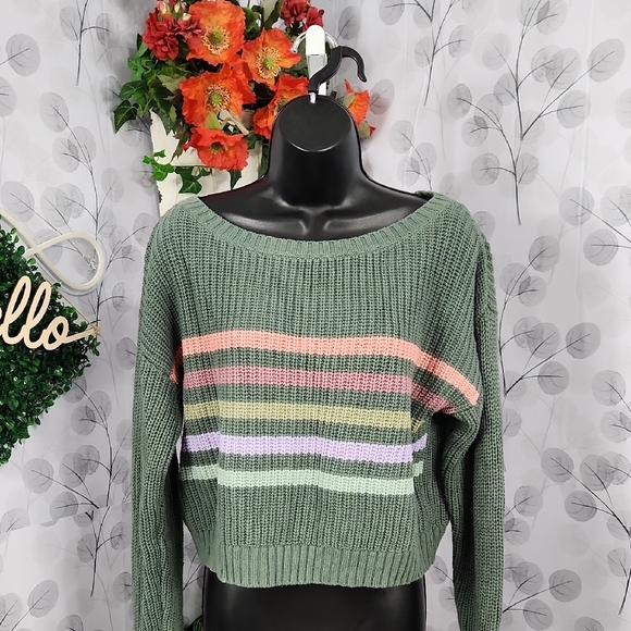 Aero Crop Striped Green Sweater - Picture 3 of 6